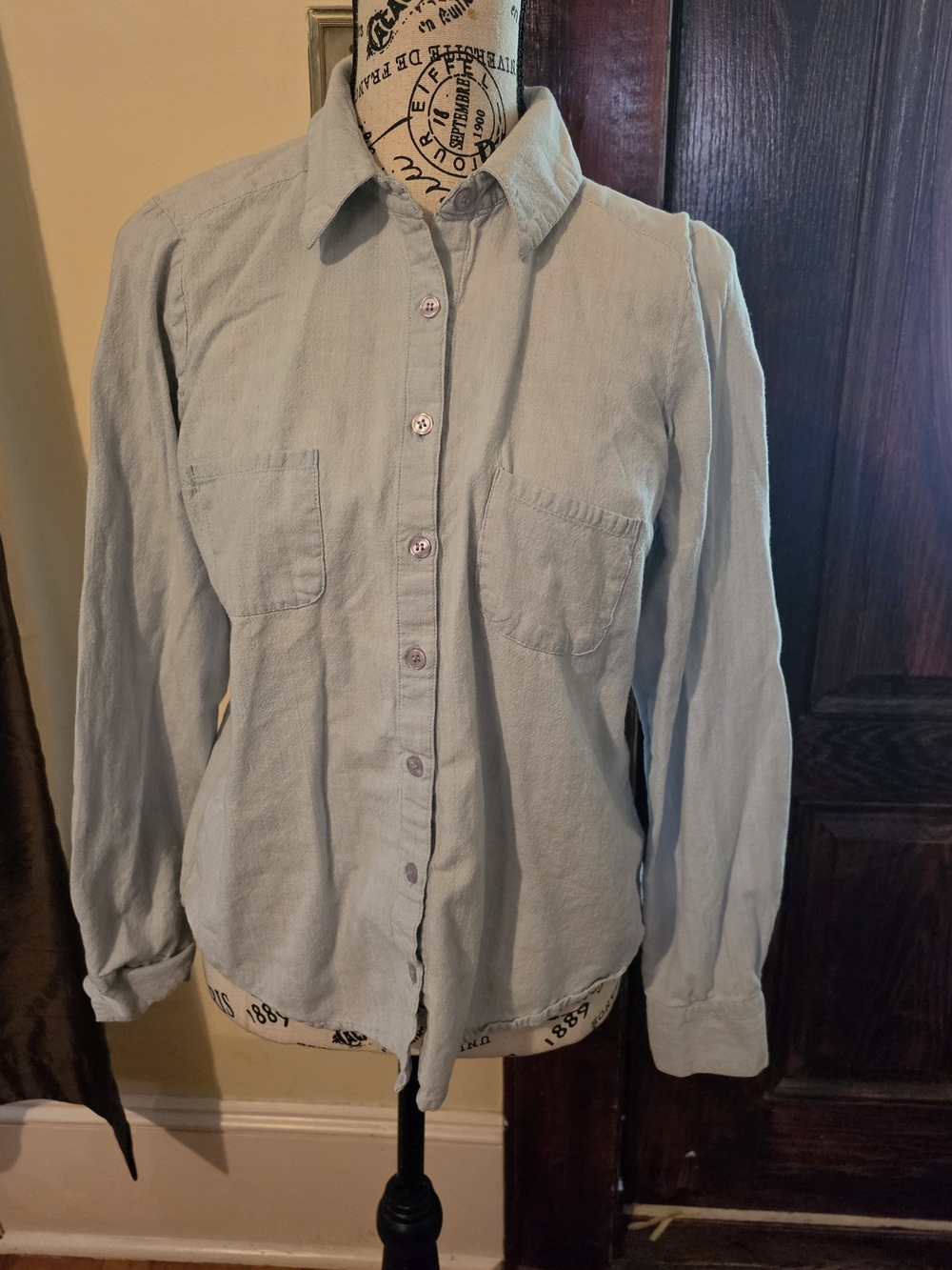 Love Fire Light Blue Button-Up Shirt With Crochet Lace Panel Long Sleeve Medium